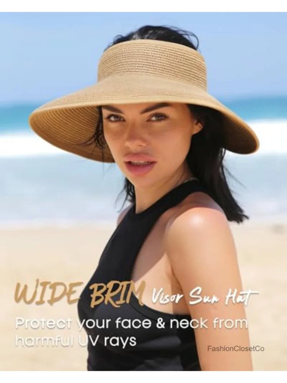 Wide Brim Sun Hat Straw Visor Ponytail UPF 80+ Packable Foldable Beach Travel